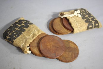 Vintage DANSK Designer Teak Wood Set Of 7 Round Bar Drink Coasters In Burlap Bag