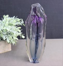 Biomorphic Blown Glass Sculpture In Violet And Clear, Etch Signed  And Dated Bottom