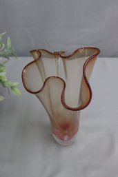 Unique Crystal Hand Made Ruffle Top Amber Translucent Vase