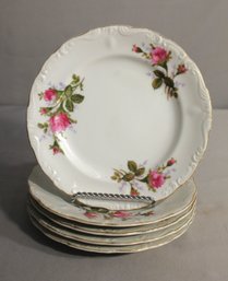 Set Of 5 Vintage Floral Porcelain Plates - Pink Roses And Gold Trim