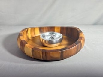 Nambe Acacia Wood Butterfly Curved Chip & Dip Bowl With Inner Nambe Alloy Metal Dip Bowl 5.5'