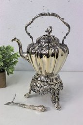 Reed & Barton Silverplated Tea Pot/Spirit Kettle With Stand And Warmer, #1765 And Meat Fork