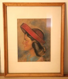 Vintage Original Pastel Portrait Of A Woman In Red Hat, Signed By Artist And Framed