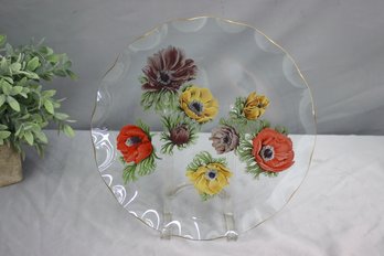 Vintage Collector Glass Plate, Hand-Painted Multi-colored Flowers Gold Edge