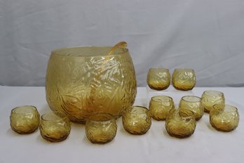 Vintage Driftwood Yellow Crinkle Punch Set - Bowl, 11 Roly-poly Glasses, Ladle