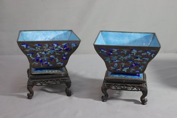 Antique Pair Chinese Export Blue Enamel Planters On Carved Wood Stands