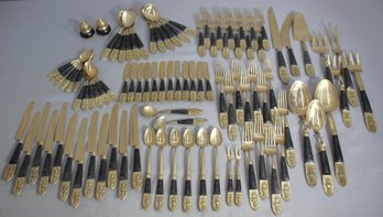 Vintage Thailand Brass Flatware Set - About 90 Pieces - Ornate Design With Black Handles