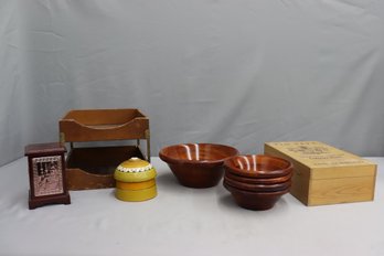 Group Lot Of Wood Bowls, Boxes, And Desk Letter Organizer
