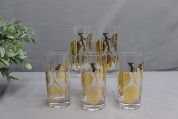 Set Of 5 Vintage Gold Plum Branch High Ball Glasses