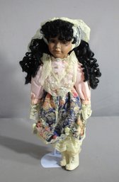 Elegant Francie Jo Vintage Porcelain Doll With Stand In Floral Dress - Original Box