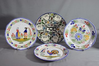 Group Lot Of 3 Quimper Hand Painted Plates And An Armenian Designed Ceramic Seder Plateseder Plate