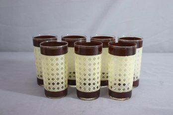 Set Of 7 Vintage MCM Basket Weave Highball Glasses Cream Cane And Brown Trim