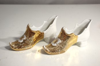 Pair Of White & Gilt Porcelain Victorian Shoes