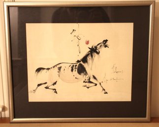 Vintage MCM Japanese Watercolor And Pen & Ink Spirit Horse, Signed And Framed