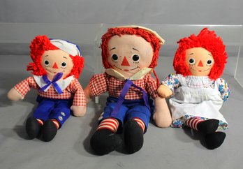 Trio Of Raggedy Ann And Andy Dolls - Two New, One Vintage
