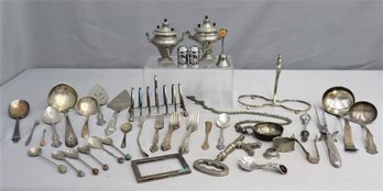 Group Lot Of Vintage Various Silver-plate Serving Utensils And Table Top Items
