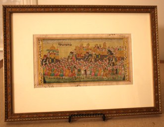 Elegantly Framed Vintage Watercolor On Silk Mughal Military Procession