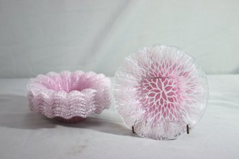 Sydenstricker Fused Glass Bowls Cape Cod Glass Pink White Snowflake Pattern Vintage Ruffle Edge