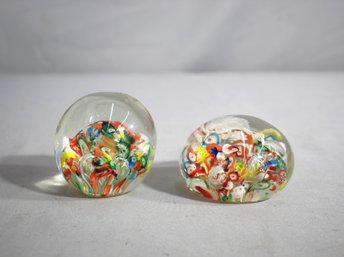 Pair Of Vintage Murano Glass Millefiori Paperweights