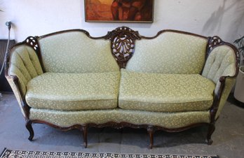 Victorian Carved Wood Sofa With Green Upholstery