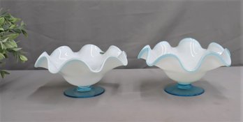 Two Paul's Italy Venetian Style White/blue Ruffle Edge Pedestal Bowls