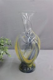 Vetro Opalina Hand-blown Clear Glass Vase With Yellow/blue Swirls