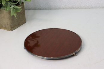 Wood Veneer Round Trivet With Silverplate Ring Band And Ball Feet