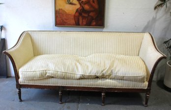 Antique French Sofa With Carved Wood Frame And Striped Upholstery- Made By S.W Gibbia