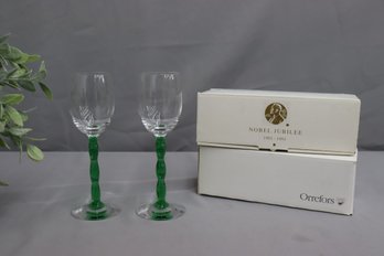 A Pair Of Orrefors Nobel Jubilee Commemorative Wine Glasses In Boxes