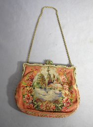 Vintage Needlepoint Handbag With Enamel And Pearl Clasp