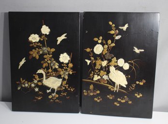 Pair Of Japanese Black Lacquer Shibayama Panels  Depicting A Pair Of Pheasants Amidst Flowering