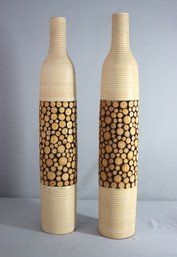 Two Wooden Ribbed And Cross Sectioned Modern Rustic Decorative Vases