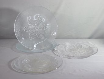 Group Lot Of 4 Goran Warff Designed Kosta Boda Glass Platters: Fish Platter, Embossed Leaves Platter 2 Styles