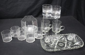 Collection Of Vintage Glassware: Mugs, Glasses, And Serving Dish Set