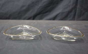 Pair Of Vintage 1960s Triangle-Shaped Gold Rimmed Glass Bowls - Candy Dishes