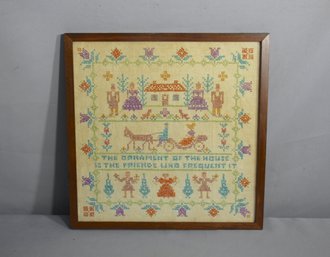 Framed Vintage Cottage-core Cross Stitch Sampler