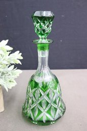 Vintage Decanter Emerald Green Cut To Clear Bohemian  Art Glass