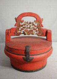 Chinese Red Lacquer Gilded Antique Wooden Wedding Basket Carved Figures  Handle