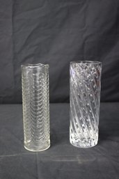 Two Glass Crystal Vases - One Swirl Design And One Draped Pattern