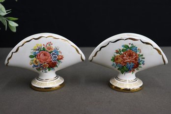 Two 24K Gold & Flower Painted Ceramic Fan Candlesticks - Hand Made By Lindos Keramic - Rhodes, Greece