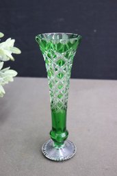 Vintage Emerald Green Cut To Clear Bohemian  Art Glass Vase