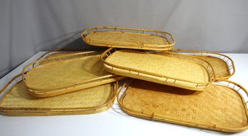 Set Of 7 Vintage Bamboo Tray Woven Wicker Serving Trays