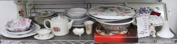 Shelf Lot Of (mostly) Flowery And White Ceramic Table Ware And Decorative Objects