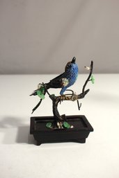 Chinese Antique Sterling Blue Enamel & Jade Bird Figurine