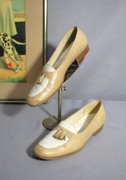 Vintage Selly Cream Leather Tassel Loafers, Size 8.5