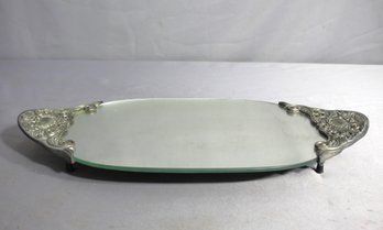 Vintage Silver-Plated Mirrored Vanity Tray With Ornate Handles  15.5'x 7'