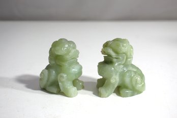 A Pair Of Chinese Genuine Natural Green Jade Hand Carved Lion Statues