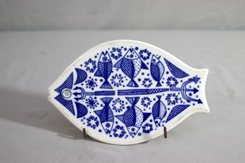 Vintage Porsgrund Figural Fish Porcelain Trivet Arne Lindaas Designer Blue White-8' X 5'