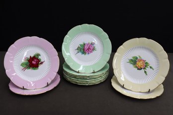 Group Lot Of R.S. Durben Painted Roses Roslyn Fine Bone China Scalloped Plates In Green, Pink, And Yellow