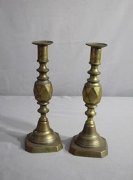 Pair Of Antique Brass Victorian Diamond Princess Candlesticks